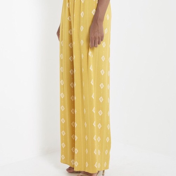 Mustard Boho Off Shoulder Diamond Print Jumpsuit - Picture 2 of 5